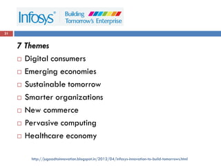 7 Themes
 Digital consumers
 Emerging economies
 Sustainable tomorrow
 Smarter organizations
 New commerce
 Pervasive computing
 Healthcare economy
31
http://jugaadtoinnovation.blogspot.in/2012/04/infosys-innovation-to-build-tomorrows.html
 