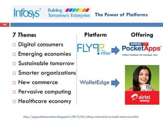 The Power of Platforms
7 Themes
 Digital consumers
 Emerging economies
 Sustainable tomorrow
 Smarter organizations
 New commerce
 Pervasive computing
 Healthcare economy
49
WalletEdge
Platform Offering
http://jugaadtoinnovation.blogspot.in/2012/04/infosys-innovation-to-build-tomorrows.html
 
