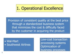 1. Operational Excellence
Provision of consistent quality at the best price
through a standardized business system
that minimizes the cost & difficulty faced
by the customer in acquiring the product
• Wal-Mart
• Southwest Airlines
Low-cost transaction
processing systems
Optimization of
business processes
7
 