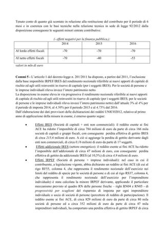 Tenuto conto di quanto già scontato in relazione alla restituzione del contributo per il periodo di 6
mesi e in coerenza con le basi tecniche nella relazione tecnica in sede di legge 92/2012 dalla
disposizione conseguono le seguenti minori entrate contributive:
(- effetti negativi per la finanza pubblica,):
2014
2015

2016

Al lordo effetti fiscali

-70

-70

-70

Al netto effetti fiscali

-70

-40

-53

valori in mln di euro
Commi 5 - L‟articolo 1 del decreto-legge n. 201/2011 ha disposto, a partire dal 2011, l‟esclusione
dalla base imponibile IRPEF/IRES del rendimento nozionale riferibile ai nuovi apporti di capitale di
rischio ed agli utili reinvestiti in riserve di capitale (per i soggetti IRES). Per le società di persone e
le imprese individuali rileva invece l‟intero patrimonio netto.
La disposizione in esame eleva in via progressiva il rendimento nozionale riferibile ai nuovi apporti
di capitale di rischio ed agli utili reinvestiti in riserve di capitale (per i soggetti IRES; per le società
di persone e le imprese individuali rileva invece l‟intero patrimonio netto) dall‟attuale 3% al 4% per
il periodo di imposta 2014, al 4,50% per il periodo 2015 e al 4,75% dal 2016.
Dall‟elaborazione dei dati provvisori delle dichiarazioni dei redditi UNICO2012, relativo al primo
anno di applicazione della misura in esame, è emerso quanto segue:
Effetti IRES (Società di capitali + enti non commerciali): il reddito esente ai fini
ACE ha ridotto l‟imponibile di circa 784 milioni di euro da parte di circa 166 mila
società di capitali e gruppi fiscali, con conseguente perdita effettiva di gettito IRES
di circa 215,6 milioni di euro. A ciò si aggiunge la perdita di gettito derivante dagli
enti non commerciali, di circa 0,16 milioni di euro da parte di 17 soggetti.
Effetti addizionale IRES (settore energetico): il reddito esente ai fini ACE ha ridotto
l‟imponibile dell‟addizionale di circa 47 milioni di euro, con conseguente perdita
effettiva di gettito da addizionale IRES (al 10,5%) di circa 4,9 milioni di euro.
Effetti IRPEF (Società di persone + imprese individuali): nel caso in cui il
contribuente, a legislazione vigente, abbia dichiarato un reddito ai fini ACE (di cui al
rigo RF55, colonna 4, che rappresenta il rendimento nozionale dell‟esercizio nei
limiti del reddito di specie per le società di persone o di cui al rigo RS37, colonna 4,
che rappresenta il rendimento nozionale dell‟esercizio per l‟imprenditore
individuale) è stata calcolata la minore IRPEF derivante, applicando il particolare
meccanismo previsto al quadro RN delle persone fisiche – righi RN04 e RN05 - di
progressività per scaglioni del risparmio di imposta per ogni imprenditore
individuale o socio di società di persone (percettore di reddito di partecipazione). Il
reddito esente ai fini ACE, di circa 829 milioni di euro da parte di circa 80 mila
società di persone ed a circa 352 milioni di euro da parte di circa 47 mila
imprenditori individuali, ha comportato una perdita effettiva di gettito IRPEF di circa

 