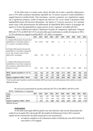 Ai fini della stima si è tenuto conto, altresì, del fatto che in base a specifica elaborazione,
circa il 35% delle eccedenze fiscalmente riportabili nei 18 esercizi successivi risulta attribuibile a
soggetti bancari in perdita fiscale. Tale circostanza concorre a generare, sia a legislazione vigente
che a legislazione proposta, crediti di imposta per Deferred Tax Assets (stante il permanere della
indeducibilità piena nell‟esercizio determinata dal riporto ai 4 esercizi successivi). Si è pertanto
tenuto conto, nella determinazione del differenziale di deducibilità IRES relativo al passaggio dal
riporto in 18 anni alla deducibilità in cinque esercizi, di una “capienza” nel reddito del 65%.
In base ai differenziali indicati l‟andamento di gettito di competenza, applicando l‟aliquota
IRES del 27,5% ed IRAP del 5,51% (al netto della quota trasformata in credito di imposta ex DTA,
il 2,3% calcolata sui soggetti in perdita IRAP - cfr. infra), è il seguente:
Competenza
A. Impatto della proposta che prevede la
deducibilità in 5 anni delle perdite ex
101, comma 5 ora dedotte nell'anno

2013

2014

2015

2016

2017

2018

2019

2020

2021

2022

814

610,5

407

204

0

0

0

0

0

0

B. Impatto della proposta che prevede
deducibilità in 5 anni delle svalutazioni
ex art. 106, comma 3 entro il limite
dello 0,30%, ora dedotte

1034

776

517

259

0

0

0

0

0

0

C. Impatto della proposta che prevede
deducibilità in 5 anni delle svalutazioni
che eccedono la soglia dello 0,30% ora
dedotte in 18 anni

-325

-561

-796

-1031

-1266

-1175

-1085

-994

-904

-814

IRES - impatto sul gettito (A + B + C)

1523

826

129

-569

-1266

-1175

-1085

-994

-904

-814

IRAP*

-180

-361

-541

-722

-902

-902

-902

-902

-902

-902

Impatto complessivo IRES + IRAP

1342

465

-413

-1291

-2168

-2078

-1987

-1897

-1807

-1716

(*) dal secondo anno le perdite su crediti sono dedotte all'80% per tenere conto della deduzione delle rettifiche su crediti.

Milioni di euro

Di cassa,con le percentuali di acconto utilizzate del 75% ai fini IRES e del 85% ai fini
IRAP, l‟andamento è il seguente:
Cassa
IRES

2013

2014

2015

2016

2017

2018

2019

2020

2021

2022

0

2665

303

-394

-1091

-1788

-1107

-1017

-927

-836

IRAP

0

-334

-514

-695

-875

-1056

-902

-902

-902

-902

Impatto complessivo IRES + IRAP

0

2331

-212

-1089

-1967

-2844

-2010

-1920

-1829

-1739

Milioni di euro
Assicurazioni
Ai fini della stima degli effetti di gettito sono stati utilizzati i dati ricavati dal prospetto dei
crediti di cui al quadro RS e dal quadro RF del modello di dichiarazione Unico 2012 società di
capitali ed enti commerciali, dai quali emerge per le sole assicurazioni:
un importo complessivo di svalutazioni crediti civilistiche per circa 465,8 milioni di
euro relativi a 142 soggetti;

 