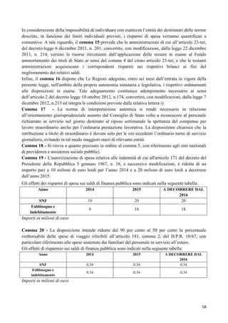 In considerazione della impossibilità di individuare con esattezza l‟entità dei destinatari delle norme
descritte, in funzione dei limiti individuali previsti, i risparmi di spesa verranno quantificati a
consuntivo. A tale riguardo, il comma 15 prevede che le amministrazioni di cui all‟articolo 23-ter,
del decreto-legge 6 dicembre 2011, n. 201, convertito, con modificazioni, dalla legge 22 dicembre
2011, n. 214, versino le risorse rinvenienti dall‟applicazione delle misure in esame al Fondo
ammortamento dei titoli di Stato ai sensi del comma 4 del citato articolo 23-ter, e che le restanti
amministrazioni acquisiscano i corrispondenti risparmi nei rispettivi bilanci ai fini del
miglioramento dei relativi saldi.
Infine, il comma 16 dispone che Le Regioni adeguino, entro sei mesi dall‟entrata in vigore della
presente legge, nell'ambito della propria autonomia statutaria e legislativa, i rispettivi ordinamenti
alle disposizioni in esame. Tale adeguamento costituisce adempimento necessario ai sensi
dell‟articolo 2 del decreto legge 10 ottobre 2012, n.174, convertito, con modificazioni, dalla legge 7
dicembre 2012, n.213 ed integra le condizioni previste dalla relativa lettera i).
Comma 17
- La norma di interpretazione autentica si rende necessaria in relazione
all‟orientamento giurisprudenziale assunto dal Consiglio di Stato volto a riconoscere al personale
richiamato in servizio nel giorno destinato al riposo settimanale la spettanza del compenso per
lavoro straordinario anche per l‟ordinaria prestazione lavorativa. La disposizione chiarisce che la
retribuzione a titolo di straordinario è dovuta solo per le ore eccedenti l‟ordinario turno di servizio
giornaliero, evitando in tal modo maggiori oneri di rilevante entità.
Comma 18 - Si rinvia a quanto precisato in ordine al comma 5, con riferimento agli enti nazionali
di previdenza e assistenza sociale pubblici.
Comma 19 - L'autorizzazione di spesa relativa alle indennità di cui all'articolo 171 del decreto del
Presidente della Repubblica 5 gennaio 1967, n. 18, e successive modificazioni, è ridotta di un
importo pari a 10 milioni di euro lordi per l‟anno 2014 e a 20 milioni di euro lordi a decorrere
dall‟anno 2015.
Gli effetti dei risparmi di spesa sui saldi di finanza pubblica sono indicati nella seguente tabella:
Anno

2014

2015

SNF
Fabbisogno e
indebitamento

10

20

A DECORRERE DAL
2016
20

9

18

18

Importi in milioni di euro
Comma 20 - La disposizione intende ridurre dal 90 per cento al 50 per cento la percentuale
rimborsabile delle spese di viaggio riferibili all‟articolo 181, comma 2, del D.P.R. 18/67, con
particolare riferimento alle spese sostenute dai familiari del personale in servizio all‟estero.
Gli effetti di risparmio sui saldi di finanza pubblica sono indicati nella seguente tabella:
Anno

2014

2015

SNF
Fabbisogno e
indebitamento

0,34

0,34

A DECORRERE DAL
2016
0,34

0,34

0,34

0,34

Importi in milioni di euro

58

 