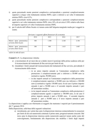 i)

quota percentuale monte pensioni complessivo corrispondente a pensioni complessivamente
superiori a cinque volte trattamento minimo INPS e pari o inferiori a sei volte il trattamento
minimo INPS: circa 8,3%;
j) quota percentuale monte pensioni complessivo corrispondente a pensioni complessivamente
superiori a sei volte trattamento minimo INPS: circa 18%, di cui circa il 30% relativo alle fasce
di importo superiori a 6 volte il trattamento minimo INPS;
k) per il calcolo dell‟effetto fiscale si è tenuto conto dell‟aliquota marginale media per i soggetti in
esame.
derivano i seguenti effetti finanziari di economia
2014

2015

2016

2017

Minore spesa pensionistica
(al lordo effetti fiscali)

580

1.380

2.160

2.146

Minore spesa pensionistica
(al netto effetti fiscali)

380

904

1.415

1.407

valori in mln di euro
Commi 2 e 3 - La disposizione è diretta:
a) a incrementare di sei mesi (da sei a dodici mesi) il posticipo della prima scadenza utile per
il riconoscimento dei trattamenti di fine servizio per limiti di età;
b) rimodulare i limiti annuali del riconoscimento dei trattamenti di fine servizio, prevedendo il
riconoscimento dello stesso:
in un unico importo annuale se l‟ammontare complessivo della
prestazione è complessivamente pari o inferiore a 50.000 euro (a
normativa vigente, 90.000 euro);
in due importi annuali se l‟ammontare complessivo della prestazione
è complessivamente superiore a 50.000 euro ma inferiore a 100.000
euro (a normativa vigente 150.000 euro). In tal caso il primo importo
annuale è pari a 50.000 euro e il secondo importo annuale è pari
all‟ammontare residuo;
in tre importi annuali se l‟ammontare complessivo della prestazione è
complessivamente uguale o superiore a 100.000 euro, in tal caso il
primo importo annuale è pari a 50.000 euro, il secondo importo
annuale è pari a 50.000 euro e il terzo importo annuale è pari
all‟ammontare residuo.
La disposizione si applica con riferimento ai soggetti che maturano i requisiti per il pensionamento
dal 1° gennaio 2014.
Dalla disposizione, sulla base delle seguenti valutazioni:
a) inizialmente, per i primi due anni, la disposizione interessa sostanzialmente le cessazioni
per limiti di età con numerosità contenute il primo anno, progressivamente crescenti. Dal
terzo anno la disposizione interessa anche numerosità superiori tenuto anche conto del
coinvolgimento, limitatamente alla disposizione che modifica i limiti degli importi

61

 