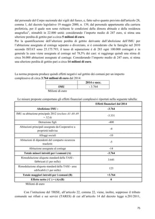 dal personale del Corpo nazionale dei vigili del fuoco, e, fatto salvo quanto previsto dall'articolo 28,
comma 1, del decreto legislativo 19 maggio 2000, n. 139, dal personale appartenente alla carriera
prefettizia, per il quale non sono richieste le condizioni della dimora abituale e della residenza
anagrafica”, stimabili in 22.000 unità: considerando l‟importo medio di 247 euro, si stima una
ulteriore perdita di gettito pari a circa 5 milioni di euro.
Per la quantificazione dell‟ulteriore perdita di gettito derivante dall‟abolizione dell‟IMU per
l‟abitazione assegnata al coniuge separato o divorziato, si è considerato che le famiglie nel 2010
secondo ISTAT sono 25.175.793; il tasso di separazione è di 283 ogni 100.000 coniugati e in
generale la casa viene assegnata al coniuge nel 78,5% dei casi: si raggiunge quindi una stima di
circa 56.000 abitazioni assegnate al coniuge. Considerando l‟importo medio di 247 euro, si stima
una ulteriore perdita di gettito pari a circa 14 milioni di euro.

La norma proposta produce quindi effetti negativi sul gettito dei comuni per un importo
complessivo di circa 3.764 milioni di euro dal 2014:
2014 e succ.
- 3.764
IMU
Milioni di euro
Le misure proposte comportano gli effetti finanziari complessivi riportati nella seguente tabella:
Effetti finanziari dal 2014
Abolizione IMU :

-3.764

IMU su abitazione principale 2012 (escluso A1-A8-A9
= 52,6)

-3.331

Detrazione figli

-400

Abitazioni principali assegnate da Cooperative a
proprietà indivisa

-4

Alloggi sociali

-10

Abitazioni di dipendenti del comparto sicurezza
trasferiti

-5

Abitazione assegnata al coniuge

-14

Totale minori introiti per i comuni (A)

-3.764

Rimodulazione aliquota standard della TASI fabbricati (1 per mille)

3.641

Rimodulazione aliquota standard della TASI - aree
edificabili (1 per mille)

123

Totale maggiori introiti per i comuni (B)

+3.764

Effetto netto ( C ) = (A)-(B)

0

Milioni di euro
Con l‟istituzione del TRISE, all‟articolo 22, comma 22, viene, inoltre, soppresso il tributo
comunale sui rifiuti e sui servizi (TARES) di cui all‟articolo 14 del decreto legge n.201/2011,

75

 