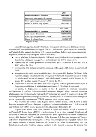 2014
Fondo di solidarietà comunale
Incremento quota a carico dei comuni
Minor taglio maggiorazione TARES
Risorse di bilancio a leg. vigente

6.647.114.923
572.000.000
943.000.000
5.132.114.923

Fondo di solidarietà comunale
Quota a carico dei comuni
Minor taglio maggiorazione TARES
Risorse da bilancio Stato

2015 e succ.
6.547.114.923
4.717.900.000
943.000.000
886.214.923

Importi in euro
La conferma a regime del quadro finanziario conseguente all‟attuazione delle disposizioni
contenute nell‟articolo 13 del decreto legge n. 201/2011, unitamente a quelle recate dal comma 380
dell‟articolo 1 della legge di stabilità per il 2013, come modificate dalla presente legge, determina i
seguenti effetti finanziari positivi per il bilancio dello Stato:
riserva allo Stato della quota di gettito IMU sugli immobili classificati nel gruppo catastale
D, calcolato ad aliquota base, per 4.666 milioni di euro per il 2015 e successivi;
soppressione del Fondo sperimentale di riequilibrio per 1.836 milioni di euro nel 2015 e
1.889 milioni dal 2016;
soppressione della compartecipazione comunale all‟IVA per 3.024 milioni a decorrere dal
2015;
soppressione dei trasferimenti erariali in favore dei comuni della Regione Siciliana e della
regione Sardegna, limitatamente alle tipologie di trasferimenti fiscalizzati di cui ai decreti
del Ministro dell‟interno, di concerto con il Ministro dell‟economia e delle finanze, del 21
giugno 2011 e del 23 giugno 2012, per 779 milioni dal 2015;
versamento al bilancio dello Stato della quota di gettito IMU di spettanza comunale per il
finanziamento del Fondo di solidarietà comunale per 4.717,9 milioni di euro annui.
Di contro, la disposizione in esame, al fine di garantire la neutralità finanziaria
dell‟operazione di conferma delle misure del citato comma 380 per i bilanci comunali, determina
effetti negativi per il bilancio dello Stato per 1.829 milioni per gli anni 2015 e successivi, di cui 943
milioni ogni anno per effetto, come già evidenziato, della necessità di ristoro ai comuni del taglio di
risorse connesso alla maggiorazione TARES, soppressa con la presente legge.
Nei confronti dei comuni delle Regioni Friuli Venezia Giulia, Valle d‟Aosta e delle
Province Autonome di Trento e Bolzano, si applicano le disposizioni del comma 17 dell‟articolo 13
decreto legge n.201/2011, nonché quanto disposto dal comma 2 dell‟articolo 23.
In particolare, tenuto conto della conferma a regime del disposto di cui al comma 17
dell‟articolo 13 decreto legge n.201/2011, la disposizione di cui al citato comma 2 è finalizzata ad
assicurare la neutralità finanziaria per il bilancio dello Stato e per quelli dei comuni ricadenti nei
territori delle Regioni Friuli Venezia Giulia e Valle d‟Aosta e delle Province Autonome di Trento e
di Bolzano, disponendo che il minor gettito IMU da abitazione principale nei predetti territori non
può essere ristorato ai comuni interessati sia attraverso un minor accantonamento che con
l‟attribuzione del gettito TASI ad aliquota standard. In altri termini, in assenza del comma 2 in
77

 