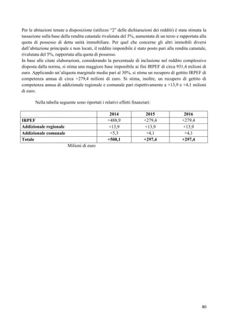 Per le abitazioni tenute a disposizione (utilizzo “2” delle dichiarazioni dei redditi) è stata stimata la
tassazione sulla base della rendita catastale rivalutata del 5%, aumentata di un terzo e rapportata alla
quota di possesso di detta unità immobiliare. Per quel che concerne gli altri immobili diversi
dall‟abitazione principale e non locati, il reddito imponibile è stato posto pari alla rendita catastale,
rivalutata del 5%, rapportata alla quota di possesso.
In base alle citate elaborazioni, considerando la percentuale di inclusione nel reddito complessivo
disposta dalla norma, si stima una maggiore base imponibile ai fini IRPEF di circa 931,4 milioni di
euro. Applicando un‟aliquota marginale media pari al 30%, si stima un recupero di gettito IRPEF di
competenza annua di circa +279,4 milioni di euro. Si stima, inoltre, un recupero di gettito di
competenza annua di addizionale regionale e comunale pari rispettivamente a +13,9 e +4,1 milioni
di euro.
Nella tabella seguente sono riportati i relativi effetti finanziari:
2014
+488,9
+13,9
+5,3
+508,1

IRPEF
Addizionale regionale
Addizionale comunale
Totale

2015
+279,4
+13,9
+4,1
+297,4

2016
+279,4
+13,9
+4,1
+297,4

Milioni di euro

80

 