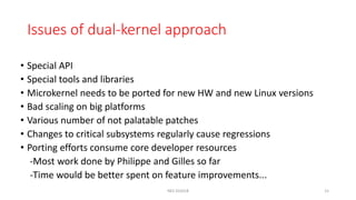 Issues of dual-kernel approach
• Special API
• Special tools and libraries
• Microkernel needs to be ported for new HW and new Linux versions
• Bad scaling on big platforms
• Various number of not palatable patches
• Changes to critical subsystems regularly cause regressions
• Porting efforts consume core developer resources
-Most work done by Philippe and Gilles so far
-Time would be better spent on feature improvements...
NES SS2018 15
 