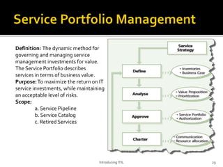 Definition: The dynamic method for
governing and managing service
management investments for value.
The Service Portfolio describes
services in terms of business value.
Purpose:To maximize the return on IT
service investments, while maintaining
an acceptable level of risks.
Scope:
a. Service Pipeline
b. Service Catalog
c. Retired Services
Introducing ITIL 29
 