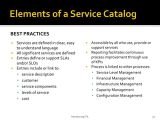 BEST PRACTICES
 Services are defined in clear, easy
to understand language
 All significant services are defined
 Entries define or support SLAs
and/or SLOs
 Entries include or link to:
 service description
 customer
 service components
 levels of service
 cost
 Accessible by all who use, provide or
support services
 Reporting facilitates continuous
process improvement through use
of KPIs
 Process is linked to other processes:
 Service Level Management
 Financial Management
 Infrastructure Management
 Capacity Management
 Configuration Management
Introducing ITIL 32
 