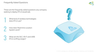 Frequently Asked Questions
© 2016 Leantegra Inc. All Rights Reserved. Proprietary and Confidential
These are the frequently asked questions any company
seeking to deploy RTLS would ask.
What kind of wireless technologies
does RTLS use?
How does Real-time Location
System work?
What are the BLE, Wi-Fi and UWB
RTLS sniffing ranges?
1
2
3
 