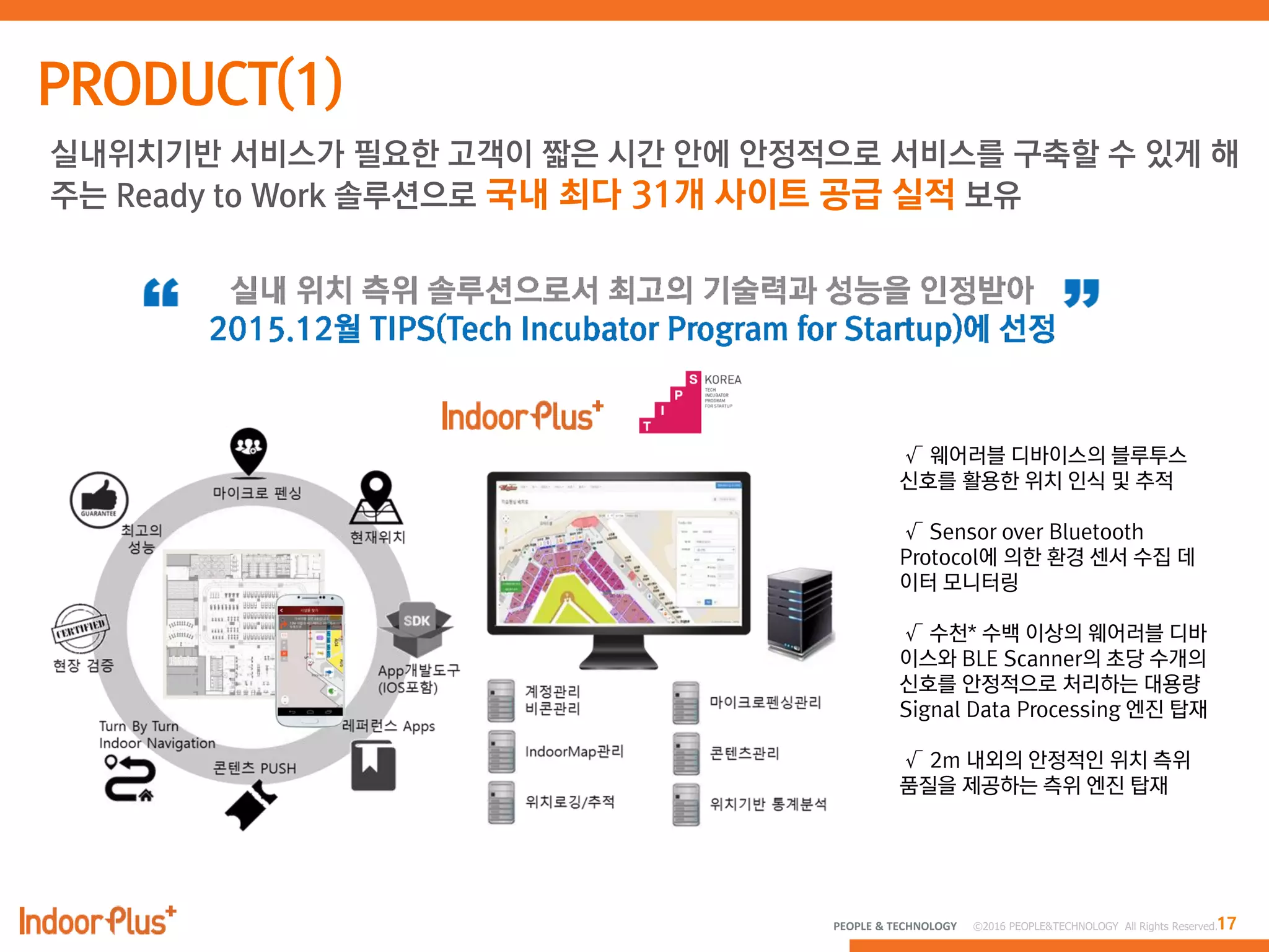 17PEOPLE & TECHNOLOGY © 2016 PEOPLE&TECHNOLOGY All Rights Reserved.
실내위치기반 서비스가 필요한 고객이 짧은 시간 안에 안정적으로 서비스를 구축할 수 있게 해
주는 Ready to Work 솔루션으로 국내 최다 31개 사이트 공급 실적 보유
 
