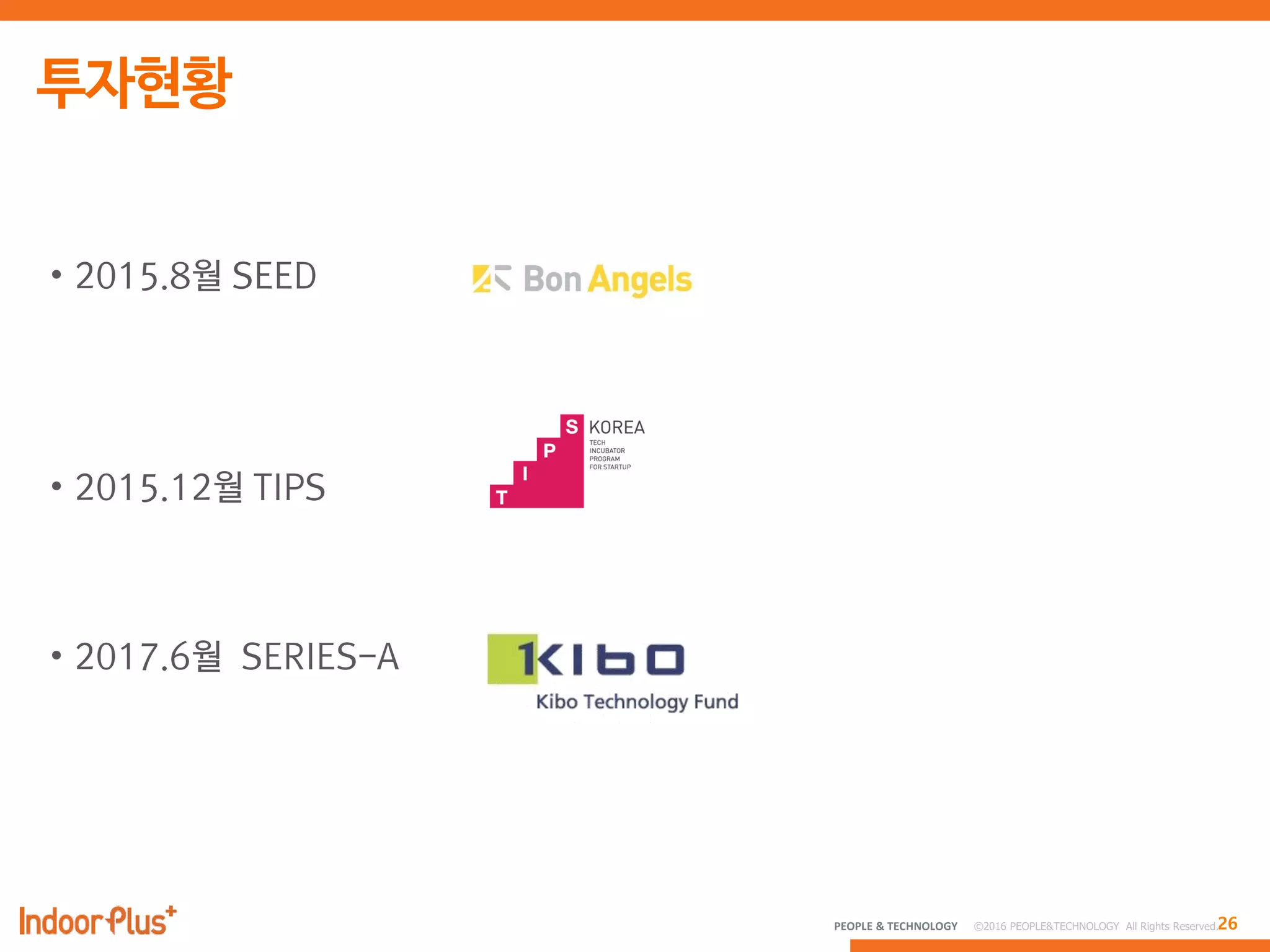 26PEOPLE & TECHNOLOGY © 2016 PEOPLE&TECHNOLOGY All Rights Reserved.
• 2015.8월 SEED
• 2015.12월 TIPS
• 2017.6월 SERIES-A
 