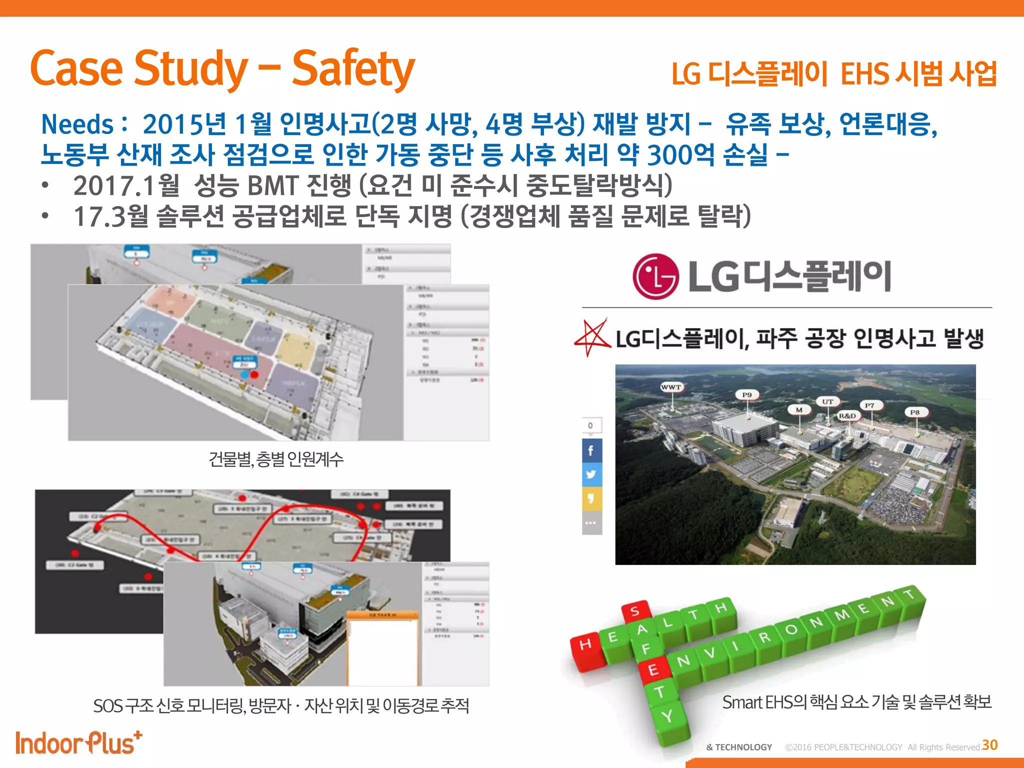 30PEOPLE & TECHNOLOGY © 2016 PEOPLE&TECHNOLOGY All Rights Reserved.
Needs : 2015년 1월 인명사고(2명 사망, 4명 부상) 재발 방지 - 유족 보상, 언론대응,
노동부 산재 조사 점검으로 인한 가동 중단 등 사후 처리 약 300억 손실 -
• 2017.1월 성능 BMT 진행 (요건 미 준수시 중도탈락방식)
• 17.3월 솔루션 공급업체로 단독 지명 (경쟁업체 품질 문제로 탈락)
 