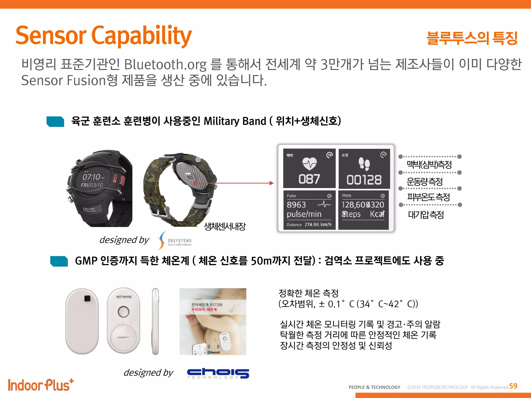 59PEOPLE & TECHNOLOGY © 2016 PEOPLE&TECHNOLOGY All Rights Reserved.
정확한 체온 측정
(오차범위, ± 0.1°C (34°C~42°C))
실시간 체온 모니터링 기록 및 경고·주의 알람
탁월한 측정 거리에 따른 안정적인 체온 기록
장시간 측정의 안정성 및 신뢰성
육군 훈련소 훈련병이 사용중인 Military Band ( 위치+생체신호)
GMP 인증까지 득한 체온계 ( 체온 신호를 50m까지 전달) : 검역소 프로젝트에도 사용 중
비영리 표준기관인 Bluetooth.org 를 통해서 전세계 약 3만개가 넘는 제조사들이 이미 다양한
Sensor Fusion형 제품을 생산 중에 있습니다.
designed by
designed by
 