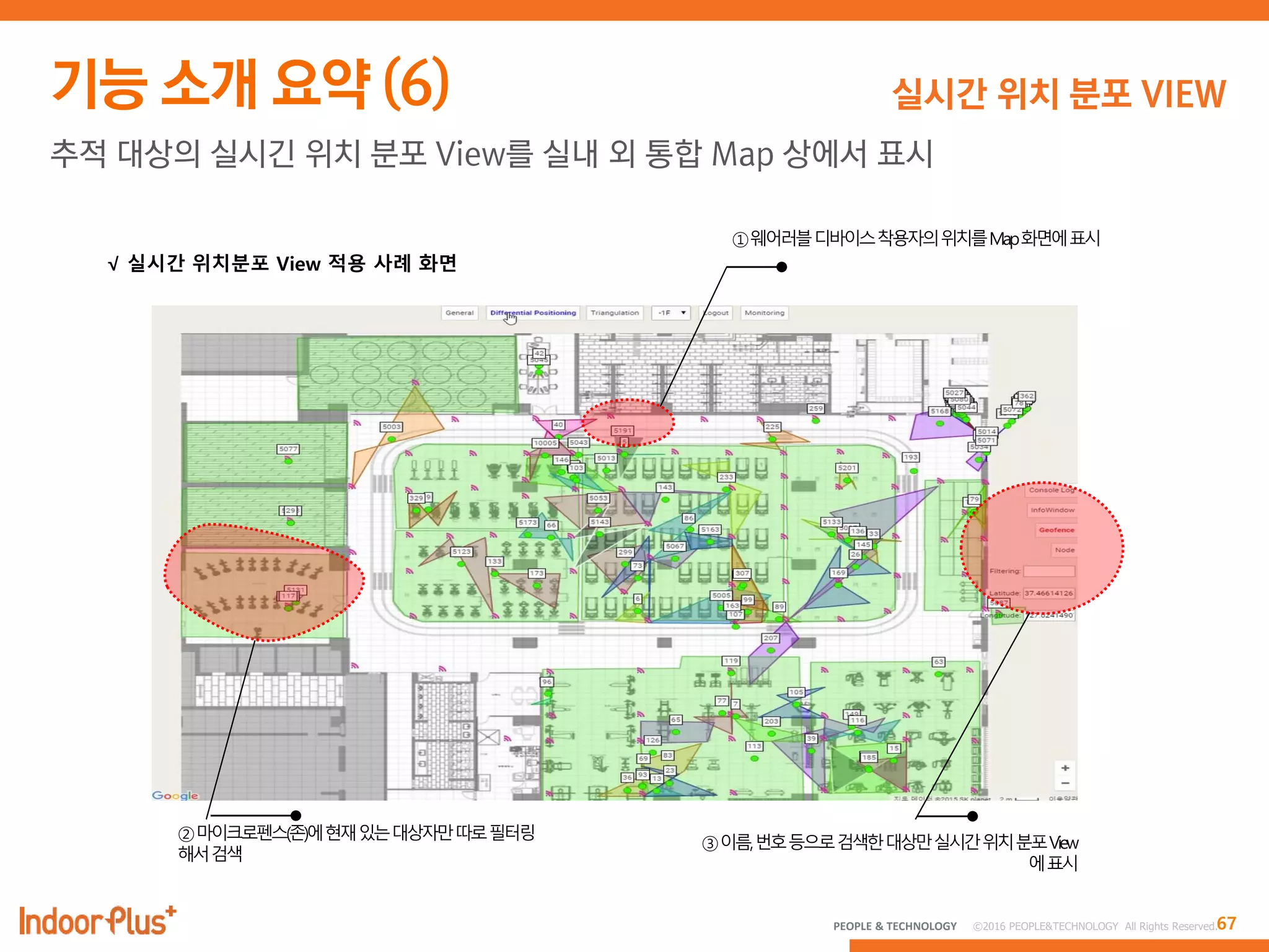 67PEOPLE & TECHNOLOGY © 2016 PEOPLE&TECHNOLOGY All Rights Reserved.
실시간 위치 분포 VIEW
추적 대상의 실시긴 위치 분포 View를 실내 외 통합 Map 상에서 표시
 