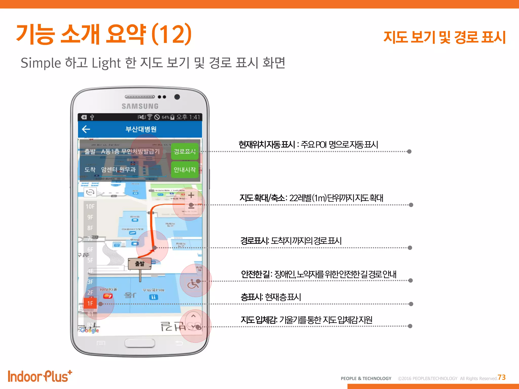73PEOPLE & TECHNOLOGY © 2016 PEOPLE&TECHNOLOGY All Rights Reserved.
Simple 하고 Light 한 지도 보기 및 경로 표시 화면
 