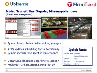 Metro Transit Bus Depots, Minneapolis, USA(Transit Yard Management)System locates buses inside parking garagesRTLS updates scheduling tool automaticallySystem records time spent in maintenance Departures scheduled according to locationReplaces manual system, saving moneyQuick factsInstalled area:	62500m2	(across five garages)Sensors: 	450Accuracy: 	<100cm in 2DReliability:	99.9%18