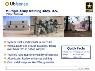 27Multiple Army training sites, U.S.(Military Training)System tracks participants in exercisesWorks inside and around buildings, taking over from GPS in ‘urban canyon’Trainers have real-time visibility of exerciseAfter-Action Review enhances trainingCan model weapons like IEDs, grenadesQuick factsInstalled area:	17 buildings  (at one site)Sensors: 	320 (at one site)Accuracy: 	<30cm in 3D