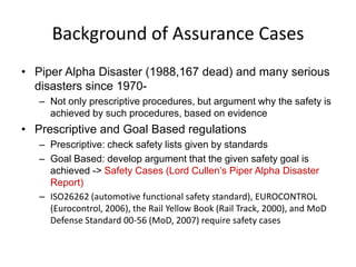 Background of Assurance Cases
• Piper Alpha Disaster (1988,167 dead) and many serious
disasters since 1970– Not only prescriptive procedures, but argument why the safety is
achieved by such procedures, based on evidence

• Prescriptive and Goal Based regulations
– Prescriptive: check safety lists given by standards
– Goal Based: develop argument that the given safety goal is
achieved -> Safety Cases (Lord Cullen’s Piper Alpha Disaster
Report)
– ISO26262 (automotive functional safety standard), EUROCONTROL
(Eurocontrol, 2006), the Rail Yellow Book (Rail Track, 2000), and MoD
Defense Standard 00-56 (MoD, 2007) require safety cases

 