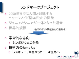 ランドマークプロジェクト
2050年までに人間と対戦する
ヒューマノイド型ロボットの開発
ジュニアとシニアが一体となった運営
世界的規模
学術的な志向
シンポジウムの併設
技術力のJump Up！
レスキュー、中型サッカー ⇒屋外へ
他のロボット競技会との差別化
 