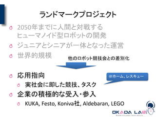 ランドマークプロジェクト
2050年までに人間と対戦する
ヒューマノイド型ロボットの開発
ジュニアとシニアが一体となった運営
世界的規模
応用指向
実社会に即した競技、タスク
企業の積極的な受入・参入
KUKA, Festo, Koniva社, Aldebaran, LEGO
他のロボット競技会との差別化
＠ホーム、レスキュー
 