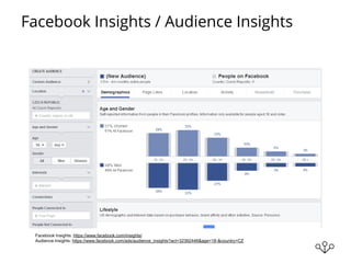 Facebook Insights / Audience Insights
Facebook Insights: https://www.facebook.com/insights/
Audience Insights: https://www.facebook.com/ads/audience_insights?act=32392446&age=18-&country=CZ
 