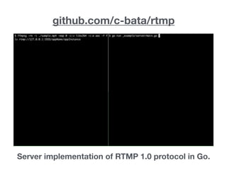 github.com/c-bata/rtmp
Server implementation of RTMP 1.0 protocol in Go.
 