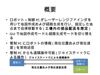 • ロボット + 制御 PC がレーザーレンジファインダを
用いて地図作成および経路生成を行い、指定した地
点まで自律移動する ( 工場内の部品配送を想定 )
• GUI で地図作成モードと経路生成モードを切り替え
る
• 管制 PC にロボッ...