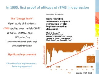 In 1995, first proof of efficacy of rTMS in depression

       The “George Team”
    Open study of 6 patients
rTMS applied over the left DLPFC
   20 2s trains of rTMS at 20 Hz
          800 pulses / day                                                        S
                                                                                   T
  Continued if response after 5 days                                               E
                                                                                   P
        80 % motor threshold
                                       Depression intensity

                                                                                   2


   Significant improvement


  One complete improvement :
       Encouraging result!

                                                              George et al. 1995
 