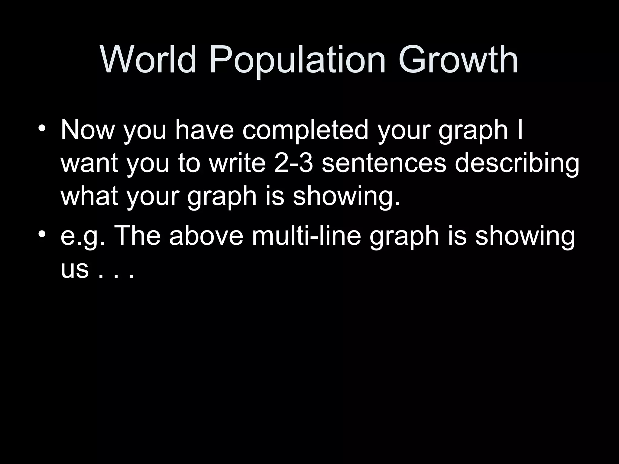 World Population Growth
• Now you have completed your graph I
want you to write 2-3 sentences describing
what your graph is showing.
• e.g. The above multi-line graph is showing
us . . .
 