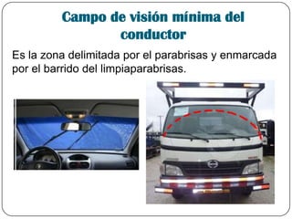Campo de visión mínima del
conductor
Es la zona delimitada por el parabrisas y enmarcada
por el barrido del limpiaparabrisas.
 
