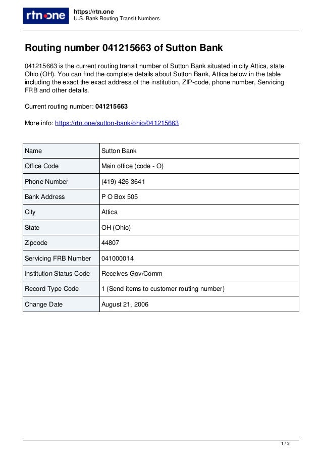 041215663 Routing number of Sutton Bank