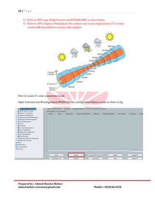 16 | P a g e
Prepared by: Ahmed Hussien Bebars
ahmed.bebars.ericsson@gmail.com Mobile:+201024614238
12. Refer to ODU type (High Power) with RTN600 ODU as show before
13. Refer to AM (Adaptive Modulation) this solution use to save high priority CCT at bad
weathered& discarded low priority data (packet)
How to create E1 cross connection Local:
Open Function treeconfigurationSDH Service configurationpress create as show in fig
 