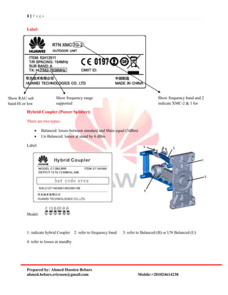3 | P a g e
Prepared by: Ahmed Hussien Bebars
ahmed.bebars.ericsson@gmail.com Mobile:+201024614238
Label:
Hybrid Coupler (Power Splitter):
There are two types:
 Balanced: losses between standard and Main equal (3dBm)
 Un Balanced: losses at stand by 6 dBm
Label:
Model:
1: indicate hybrid Coupler 2: refer to frequency band 3: refer to Balanced (B) or UN Balanced (U)
4: refer to losses at standby
Show frequency band and 2
indicate XMC-2 & 1 for
XMC-1
Show RAU sub
band Hi or low
Show frequency range
supported
 