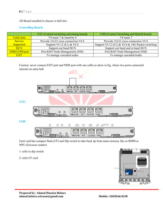 6 | P a g e
Prepared by: Ahmed Hussien Bebars
ahmed.bebars.ericsson@gmail.com Mobile:+201024614238
All Board installed in chassis is half slot:
Controlling Board:
CST (Control switching and timing board) CSH (Control Switching and Hybrid board)
Valid slots 7/8 main 7 & stand by 8 7/8 main 7
Service
Supported
Provide 32x32 cross connection VC4 Provide 32x32 cross connection VC4
Support VC12 (E1) & VC4 Support VC12 (E1) & VC4 & 10G Packet switching
DCN Support out band DCN Support out band and in band DCN
NMS/COM port Port RJ45 Node Management (NM) Port RJ45 Node Management (NM)
EXT To manage cascaded nodes To manage cascaded nodes
Caution: never connect EXT port and NMS port with one cable as show in fig, where two ports connected
internal on same hub
CST:
CSH:
Each card has compact flash (CF) and Dip switch to take back up from main memory like as RMM at
NPU (Ericsson vendor)
1: refer to dip switch
2: refer CF card
 
