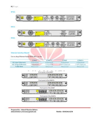 8 | P a g e
Prepared by: Ahmed Hussien Bebars
ahmed.bebars.ericsson@gmail.com Mobile:+201024614238
IFX2:
ISU2:
ISX2:
Ethernet interface Board:
Use to drop Ethernet frame IEEE 802.3 at site
EM6T EM6TA EM6F EM6FA
FE (fast Ethernet) 4 Electrical 4 Electrical 4 Electrical 4 Electrical
GE (Giga Ethernet) 2 Electrical 2 Electrical 2 SFP (Optical) 2 SFP (Optical)
Valid Slots 4,6,2,1,3,5 4,6,2,1,3,5 4,6,2,1,3,5 4,6,2,1,3,5
 