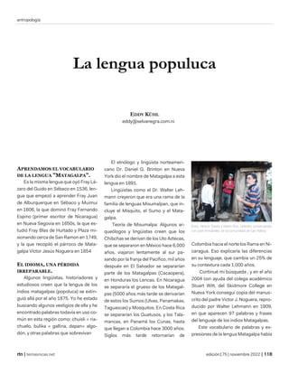 antropología
| temasnicas.net edición175 | noviembre 2022 |
La lengua populuca
EDDY KÜHL
eddy@selvanegra.com.ni
APRENDAMOS EL VOCABULARIO
DE LA LENGUA ”MATAGALPA”.
Es la misma lengua que oyó Fray Lá-
zaro del Guido en Sébaco en 1536, len-
gua que empezó a aprender Fray Juan
de Alburquerque en Sébaco y Muimui
en 1606, la que dominó Fray Fernando
Espino (primer escritor de Nicaragua)
en Nueva Segovia en 1650s, la que es-
tudió Fray Blas de Hurtado y Plaza mi-
sionando cerca de San Ramon en 1749,
y la que recopiló el párroco de Mata-
galpa Víctor Jesús Noguera en 1854
EL IDIOMA, UNA PÉRDIDA
IRREPARABLE.
Algunos lingüistas, historiadores y
estudiosos creen que la lengua de los
indios matagalpas (popoluca) se extin-
guió allá por el año 1875. Yo he estado
buscando algunos vestigios de ella y he
encontrado palabras todavía en uso co-
mún en esta región como: chuisli = ria-
chuelo, bulika = gallina, dapan= algo-
dón, y otras palabras que sobrevivan
El etnólogo y lingüista norteameri-
cano Dr. Daniel G. Brinton en Nueva
York dio el nombre de Matagalpa a esta
lengua en 1891.
Lingüistas como el Dr. Walter Leh-
mann creyeron que era una rama de la
familia de lenguas Misumalpan, que in-
cluye el Misquito, el Sumo y el Mata-
galpa.
Teoría de Misumalpa: Algunos ar-
queólogos y lingüistas creen que los
Chibchas se derivan de los Uto Aztecas,
que se separaron en México hace 6,000
años, viajaron lentamente al sur pa-
sando por la franja del Pacifico, mil años
después en El Salvador se separarían
parte de los Matagalpas (Cacaopera),
en Honduras los Lencas. En Nicaragua
se separaría el grueso de los Matagal-
pas (5000 años más tarde se derivarían
de estos los Sumos (Ulvas, Panamakas,
Taguascas) y Mosquitos. En Costa Rica
se separarían los Guatusos, y los Tala-
mancas, en Panamá los Cunas, hasta
que llegan a Colombia hace 3000 años.
Siglos más tarde retornarían de
Colombia hacia el norte los Rama en Ni-
caragua. Eso explicaría las diferencias
en su lenguaje, que cambia un 25% de
su contextura cada 1,000 años.
Continué mi búsqueda , y en el año
2004 con ayuda del colega académico
Stuart Witt, del Skidmore College en
Nueva York conseguí copia del manus-
crito del padre Victor J. Noguera, repro-
ducido por Walter Lehmann en 1909,
en que aparecen 97 palabras y frases
del lenguaje de los indios Matagalpas.
Este vocabulario de palabras y ex-
presiones de la lengua Matagalpa había
(Foto. Nestor Davila y Mario Rizo Zeledón conversando
con José Fernández de la comunidad de San Pablo)
 