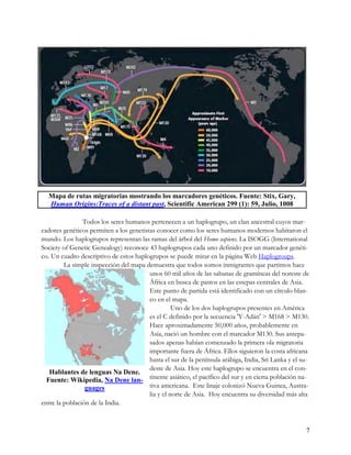 Mapa de rutas migratorias mostrando los marcadores genéticos. Fuente: Stix, Gary,
  Human Origins:Traces of a distant past, Scientific American 299 (1): 59, Julio, 1008

                Todos los seres humanos pertenecen a un haplogrupo, un clan ancestral cuyos mar-
cadores genéticos permiten a los genetistas conocer como los seres humanos modernos habitaron el
mundo. Los haplogrupos representan las ramas del árbol del Homo sapiens. La ISOGG (International
Society of Genetic Genealogy) reconoce 43 haplogrupos cada uno definido por un marcador genéti-
co. Un cuadro descriptivo de estos haplogrupos se puede mirar en la página Web Haplogroups.
         La simple inspección del mapa demuestra que todos somos inmigrantes que partimos hace
                                         unos 60 mil años de las sabanas de gramíneas del noreste de
                                         África en busca de pastos en las estepas centrales de Asia.
                                         Este punto de partida está identificado con un círculo blan-
                                         co en el mapa.
                                                   Uno de los dos haplogrupos presentes en América
                                         es el C definido por la secuencia 'Y-Adán' > M168 > M130.
                                         Hace aproximadamente 50,000 años, probablemente en
                                         Asia, nació un hombre con el marcador M130. Sus antepa-
                                         sados apenas habían comenzado la primera ola migratoria
                                         importante fuera de África. Ellos siguieron la costa africana
                                         hasta el sur de la península arábiga, India, Sri Lanka y el su-
                                         deste de Asia. Hoy este haplogrupo se encuentra en el con-
   Hablantes de lenguas Na Dene.
  Fuente: Wikipedia, Na Dene lan- tinente asiático, el pacífico del sur y en cierta población na-
                 guages                  tiva americana. Este linaje colonizó Nueva Guinea, Austra-
                                         lia y el norte de Asia. Hoy encuentra su diversidad más alta
entre la población de la India.



                                                                                                      7
 