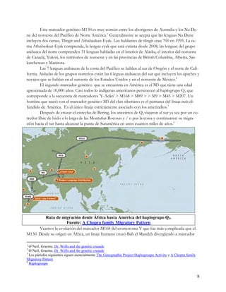 Este marcador genético M130 es muy común entre los aborígenes de Australia y los Na De-
ne del noroeste del Pacífico de Norte América.1 Generalmente se acepta que las lenguas Na Dene
incluyen dos ramas, Tlingit and Athabaskan-Eyak. Los hablantes de tlingit eran 700 en 1995. La ra-
ma Athabaskan-Eyak comprende, la lengua eyak que está extinta desde 2008; las lenguas del grupo
atabasca del norte comprenden 31 lenguas habladas en el interior de Alaska, el interior del noroeste
de Canadá, Yukón, los territorios de noroeste y en las provincias de British Columbia, Alberta, Sas-
katchewan y Manitota.
        Las 7 lenguas atabascas de la costa del Pacífico se hablan al sur de Oregón y el norte de Cali-
fornia. Aisladas de los grupos norteños están las 6 leguas atabascas del sur que incluyen los apaches y
navajos que se hablan en el suroeste de los Estados Unidos y en el noroeste de México.2
        El segundo marcador genético que se encuentra en América es el M3 que tiene una edad
aproximada de 10,000 años. Casi todos lo indígenas americanos pertenecen al haplogrupo Q3 que
corresponde a la secuencia de marcadores 'Y-Adán' > M168 > M89 > > M9 > M45 > M207. Un
hombre que nació con el marcador genético M3 del clan siberiano es el patriarca del linaje más di-
fundido de América. Es el único linaje estrictamente asociado con los amerindios.3
        Después de cruzar el estrecho de Bering, los ancestros de Q3 viajaron al sur ya sea por un co-
rredor libre de hielo a lo largo de las Montañas Rocosas y / o por la costa y continuaron su migra-
ción hacia el sur hasta alcanzar la punta de Suramérica en unos cuantos miles de años.4




         Ruta de migración desde África hasta América del haplogrupo Q3.
                     Fuente: A Chopra family Migratory Pattern
      Veamos la evolución del marcador M168 del cromosoma Y que fue más complicada que el
M130. Desde su origen en África, un linaje humano cruzó Bab el Mandeb divergiendo a marcador

1
  O’Neil, Graeme, Dr. Wells and the genetic crusade
2
  O’Neil, Graeme, Dr. Wells and the genetic crusade
3
  Los párrafos siguientes siguen esencialmente The Genographic Project Haplogroupo Activity y A Chopra family
Migratory Pattern
4
  Haplogroups


                                                                                                                8
 