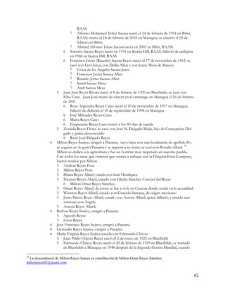 RAAS
                           7    Alfonso Mohamed Tebas Sacasa nació el 24 de febrero de 1994 en Bilwi,
                                RAAS; murió el 18 de febrero de 2010 en Managua; se enterró el 20 de
                                febrero en Bilwi.
                           7 Ahmed Alfonso Tebas Sacasa nació en 2002 en Bilwi, RAAN
                       6 Socorro Sacasa Reyes nació en 1951 en Kukra Hill, RAAS; falleció de epilepsia
                           en 1960 en Kukra Hill, RAAS
                       6 Francisco Javier (Ricardo) Sacasa Reyes nació el 17 de noviembre de 1963; se
                           casó con Luvi Jerez, con Dellia Allen y con Jenny Mesa de Masaya
                           7 Crista de los Ángeles Sacasa Jerez
                           7 Francisco Javier Sacasa Allen
                           7 Ricardo Jomo Sacasa Allen
                           7 Sandi Sacasa Mesa
                           7 Andi Sacasa Mesa
                  5 Juan José Reyes Rivera nació el 8 de febrero de 1929 en Bluefields; se casó con
                       Elba Cano. Juan José murió de cáncer en el estómago en Managua el 20 de febrero
                       de 2001
                       6 Rosa Argentina Reyes Cano nació el 10 de noviembre de 1957 en Managua;
                           falleció de diabetes el 10 de septiembre de 1998 en Managua
                       6 José Milciades Reyes Cano
                       6 Marta Reyes Cano
                       6 Emperatriz Reyes Cano murió a los 40 días de nacida
                  5 Zoraida Reyes Flores se casó con José N. Delgado Mejía, hijo de Concepción Del-
                       gado y padre desconocido
                       6 René José Delgado Reyes
              4   Milton Reyes Suárez, emigró a Panamá, tuvo hijos con una hondureña de apellido Po-
                  se a quien no le gustó Panamá y se regresó a su tierra; se casó con Rosalía Allard. 35
                  Milton se dedico a la agricultura y fue un hombre muy respetado en nuestro pueblo.
                  Casi todos los nicas que vinieron que venían a trabajar con la Chiquita Fruit Company,
                  fueron traídos por Milton.
                  5 Amílcar Reyes Pose
                  5 Milton Reyes Pose
                  5 Diana Reyes Allard, casada con Luis Henríquez
                  5 Nicarao Reyes Allard, casado con Gladys Sánchez Coronel del Reyes
                       6 Milton Omar Reyes Sánchez
                  5 Omar Reyes Allard, de joven se fue a vivir en Caracas donde reside en la actualidad
                  5 Winston Reyes Allard, casado con Graciela Santana, de origen mexicano
                  5 Justo Pastor Reyes Allard, casado con Aurora Allard, quien falleció, y casado nue-
                       vamente con Ángela
                  5 Aurora Reyes Allard,
              4   Bolívar Reyes Suárez, emigró a Panamá
                  5 Agustín Reyes
                  5 Luisa Reyes
              4   José Francisco Reyes Suárez, emigró a Panamá
              4   Gertrudis Reyes Suárez, emigró a Panamá
              4   María Virginia Reyes Suárez casada con Edmundo Chávez
                  5 Juan Pablo Chávez Reyes nació el 2 de enero de 1925 en Bluefields
                  5 Edmundo Chávez Reyes nació el 20 de febrero de 1929 en Bluefields; se trasladó
                       de Bluefields a Managua en 1948 después de la Segunda Guerra Mundial, cuando

35
 La descendencia de Milton Reyes Suárez es contribución de Milton Omar Reyes Sánchez,
miltonreyes02@gmail.com


                                                                                                           62
 