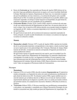    Restos de Cuvieronius sp. Son reportados por Romero & Aguilar (2009 informe de ins-
       pección), luego que pobladores denunciaran un saqueo, en la nueva localidad, Quebrada
       la Sierpe, Municipio de Apaneca, Departamento de Santa Ana. Los materiales recupera-
       dos por los pobladores son muy numerosos, y la estimación del género solo es posible
       deducirla por un M2. Un estudio que permita la confirmación no es posible, debido a que
       el presunto saqueador, no entrego el molar luego de ser fotografiado, de igual forma los
       materiales recuperados son aun custodiados por los pobladores.
      Cuvieronius Hyodon, (Fischer 1814). Laurito (1988), reporta la existencia de esta espe-
       cie cf. cuyo material procede del Departamento de Santa Ana, sin mayores datos de con-
       texto u origen. Este se trata de un M2 inferior derecho con avanzado estado de desgaste y
       un fragmento de M3. Ambos se encuentra depositado en la Colección del Museo Nacio-
       nal de Costa Rica.
      De igual forma el autor da fe, de la existencia de numerosos materiales reportados de
       forma coloquial, sin poder acceder formalmente a los mismos o al contexto de origen pa-
       ra realizar un exhaustivo estudio.

       Mamuts

      Mammuthus columbi, (Falconer 1857). Laurito & Aguilar (2006), reportan tres localida-
       des de la cual proceden materiales correspondientes a esta especie, siendo en primer lugar
       un nuevo reporte para el sitio paleontológico Río Tomayate, Municipio de Apopa, Depar-
       tamento de Salvador. el material en mención corresponde al fragmento proximal de un
       molar posiblemente inferior.
       De igual forma registra el segundo material de esta especie, para la localidad Cerro Pa-
       cho, Cantón Laguna Seca, Departamento de Chalatenango, los materiales identificados
       corresponden a un molar sin raíz y un fragmento de defensa. El tercer material al que
       hace referencia proviene de la Hacienda San Lorenzo, jurisdicción de Nueva Granada,
       Departamento de Usulután, Stirton & Gealey (1949). Hacen referencia a este mismo ma-
       terial. Todos son asignados al Pleistoceno tardío de Centroamérica.

Nicaragua
       Mastodontes
      Espinoza (1976), en Laurito (1988), describe al género Stegomastodon sp. El material en
       estudio corresponde a un fragmento de molar con cuatro protuberancias, posiblemente la
       parte distal de inferior de un M3. No obstante Laurito (1988), sugiere también una revi-
       sión del material, por no haberse descrito en México ni en el resto de América Central,
       argumentando además que la diagnosis es posible, solo si se cuenta con muchos molares
       que permitan realizar, las comparaciones necesarias. Reshetov (1982) hace la misma su-
       gerencia.
       Cuvieronius (Osborn 1929), cf. Diversos materiales muy posiblemente correspondiente
       a este género, son reportados y custodiados por el Museo Nacional de Nicaragua, los ma-
       teriales se encuentran aun, bajo estudio por parte del Departamento de Arqueología. De


                                                                                              38
 