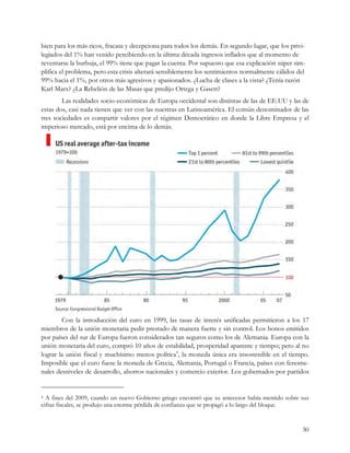bien para los más ricos, fracasa y decepciona para todos los demás. En segundo lugar, que los privi-
legiados del 1% han venido percibiendo en la última década ingresos inflados que al momento de
reventarse la burbuja, el 99% tiene que pagar la cuenta. Por supuesto que esa explicación súper sim-
plifica el problema, pero esta crisis alterará sensiblemente los sentimientos normalmente cálidos del
99% hacia el 1%, por otros más agresivos y apasionados. ¿Lucha de clases a la vista? ¿Tenía razón
Karl Marx? ¿La Rebelión de las Masas que predijo Ortega y Gasett?
        Las realidades socio-económicas de Europa occidental son distintas de las de EE.UU y las de
estas dos, casi nada tienen que ver con las nuestras en Latinoamérica. El común denominador de las
tres sociedades es compartir valores por el régimen Democrático en donde la Libre Empresa y el
imperioso mercado, está por encima de lo demás.




        Con la introducción del euro en 1999, las tasas de interés unificadas permitieron a los 17
miembros de la unión monetaria pedir prestado de manera fuerte y sin control. Los bonos emitidos
por países del sur de Europa fueron considerados tan seguros como los de Alemania. Europa con la
unión monetaria del euro, compró 10 años de estabilidad, prosperidad aparente y tiempo; pero al no
lograr la unión fiscal y muchísimo menos política4, la moneda única era insostenible en el tiempo.
Imposible que el euro fuese la moneda de Grecia, Alemania, Portugal o Francia, países con fenome-
nales desniveles de desarrollo, ahorros nacionales y comercio exterior. Los gobernados por partidos


4 A fines del 2009, cuando un nuevo Gobierno griego encontró que su antecesor había mentido sobre sus
cifras fiscales, se produjo una enorme pérdida de confianza que se propagó a lo largo del bloque.


                                                                                                   30
 