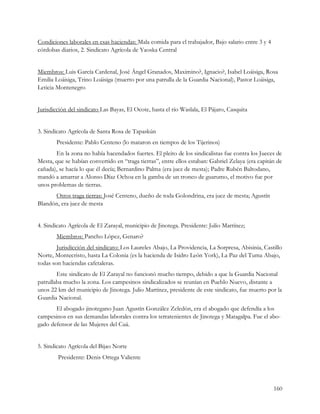 Condiciones laborales en esas haciendas: Mala comida para el trabajador, Bajo salario entre 3 y 4
córdobas diarios, 2. Sindicato Agrícola de Yaoska Central


Miembros: Luis García Cardenal, José Ángel Granados, Maximino?, Ignacio?, Isabel Loáisiga, Rosa
Emilia Loáisiga, Trino Loáisiga (muerto por una patrulla de la Guardia Nacional), Pastor Loáisiga,
Leticia Montenegro


Jurisdicción del sindicato Las Bayas, El Ocote, hasta el río Waslala, El Pájaro, Casquita


3. Sindicato Agrícola de Santa Rosa de Tapaskún
       Presidente: Pablo Centeno (lo mataron en tiempos de los Tijerinos)
       En la zona no había hacendados fuertes. El pleito de los sindicalistas fue contra los Jueces de
Mesta, que se habían convertido en “traga tierras”, entre ellos estaban: Gabriel Zelaya (era capitán de
cañada), se hacía lo que él decía; Bernardino Palma (era juez de mesta); Padre Rubén Baltodano,
mandó a amarrar a Alonso Díaz Ochoa en la gamba de un tronco de guarumo, el motivo fue por
unos problemas de tierras.
      Otros traga tierras: José Centeno, dueño de toda Golondrina, era juez de mesta; Agustín
Blandón, era juez de mesta


4. Sindicato Agrícola de El Zarayal, municipio de Jinotega. Presidente: Julio Martínez;
       Miembros: Pancho López, Genaro?
        Jurisdicción del sindicato: Los Laureles Abajo, La Providencia, La Sorpresa, Abisinia, Castillo
Norte, Montecristo, hasta La Colonia (es la hacienda de Isidro León York), La Paz del Tuma Abajo,
todas son haciendas cafetaleras.
        Este sindicato de El Zarayal no funcionó mucho tiempo, debido a que la Guardia Nacional
patrullaba mucho la zona. Los campesinos sindicalizados se reunían en Pueblo Nuevo, distante a
unos 22 km del municipio de Jinotega. Julio Martínez, presidente de este sindicato, fue muerto por la
Guardia Nacional.
       El abogado jinotegano Juan Agustín González Zeledón, era el abogado que defendía a los
campesinos en sus demandas laborales contra los terratenientes de Jinotega y Matagalpa. Fue el abo-
gado defensor de las Mujeres del Cuá.


5. Sindicato Agrícola del Bijao Norte
        Presidente: Denis Ortega Valiente



                                                                                                    160
 