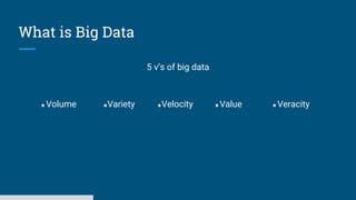 What is Big Data
5 v’s of big data
Volume Variety Velocity Value Veracity
 