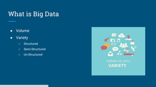 What is Big Data
● Volume
● Variety
○ Structured
○ Semi-Structured
○ Un-Structured
 