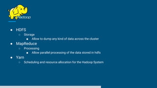 ● HDFS
○ Storage
■ Allow to dump any kind of data across the cluster
● MapReduce
○ Processing
■ Allow parallel processing of the data stored in hdfs
● Yarn
○ Scheduling and resource allocation for the Hadoop System
 