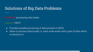 Solutions of Big Data Problems
Problem2: processing data faster
Solution: HDFS
● Provides parallel proceccing of data present in HDFS
● Allow to process data locally i.e. each node works with a part of data which
is stored on it.
 