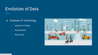 Evolution of Data
● Evolution of Technology
○ Internet of Things
○ Social media
○ Smart cars
 