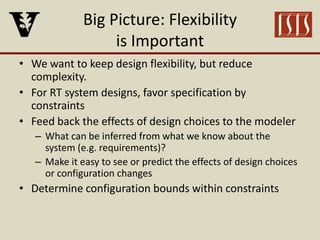 Big Picture: Flexibility
is Important
• We want to keep design flexibility, but reduce
complexity.
• For RT system designs, favor specification by
constraints
• Feed back the effects of design choices to the modeler
– What can be inferred from what we know about the
system (e.g. requirements)?
– Make it easy to see or predict the effects of design choices
or configuration changes
• Determine configuration bounds within constraints
 