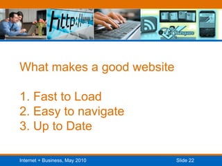 What makes a good website1. Fast to Load2. Easy to navigate3. Up to Date